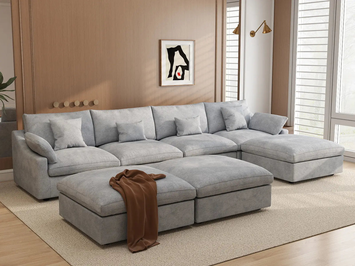 Deluxe Slope Cloud Sectional Sofa Covers | Light Grey Chenille and Linen Sofa Cover for 4-Seater with 3-Ottomans — product view 4