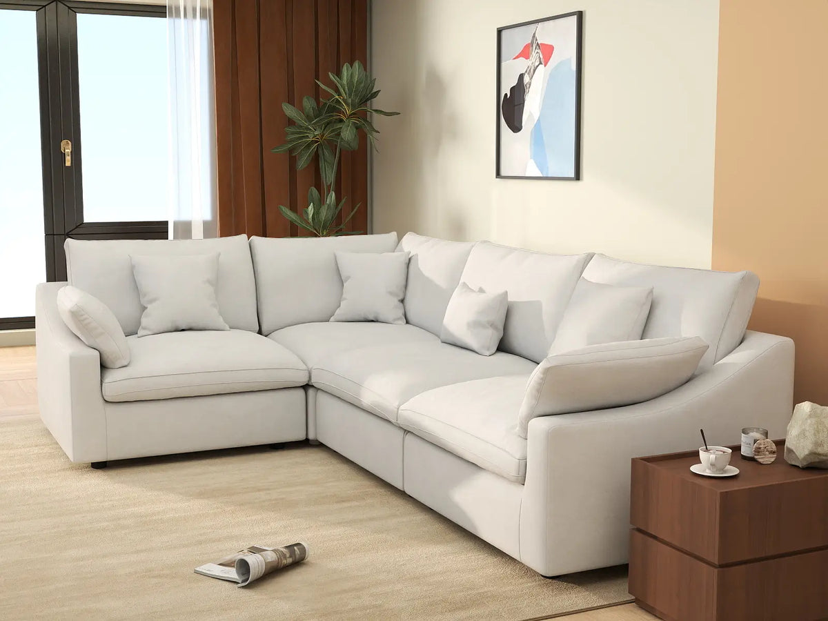 Deluxe Slope Cloud Sectional Sofa Covers | White Chenille and Linen Sofa Cover for 4-Seater — product view 3