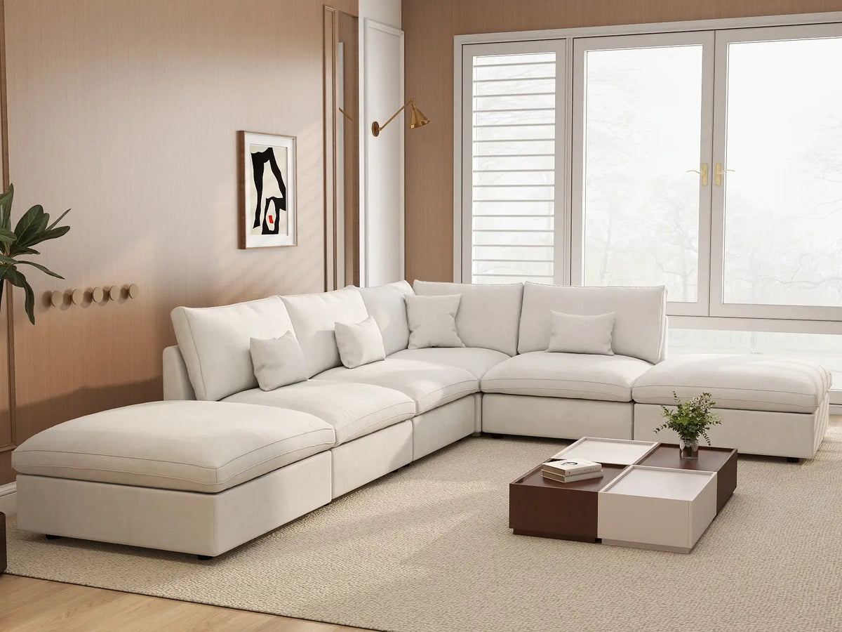 Deluxe Slope Cloud Sectional Sofa Covers | White Chenille and Linen Sofa Cover for 4-Seater with 2-Ottomans — product view 3