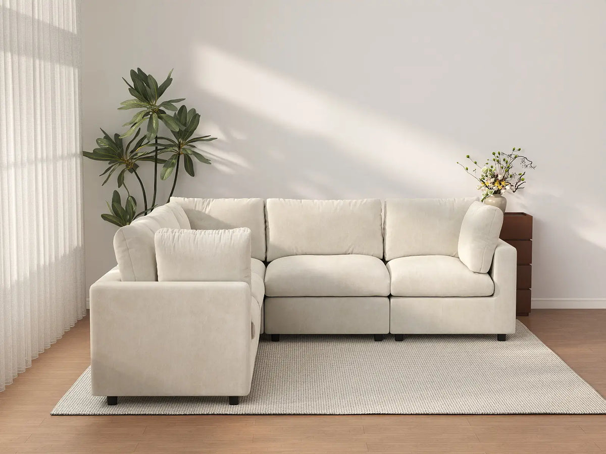 Deluxe Cloud 5-Seater Beige Large Space V-Shaped Sectional | 5-Piece, Linen-Blend Chenille Fabric, Easy To Clean — product view 1