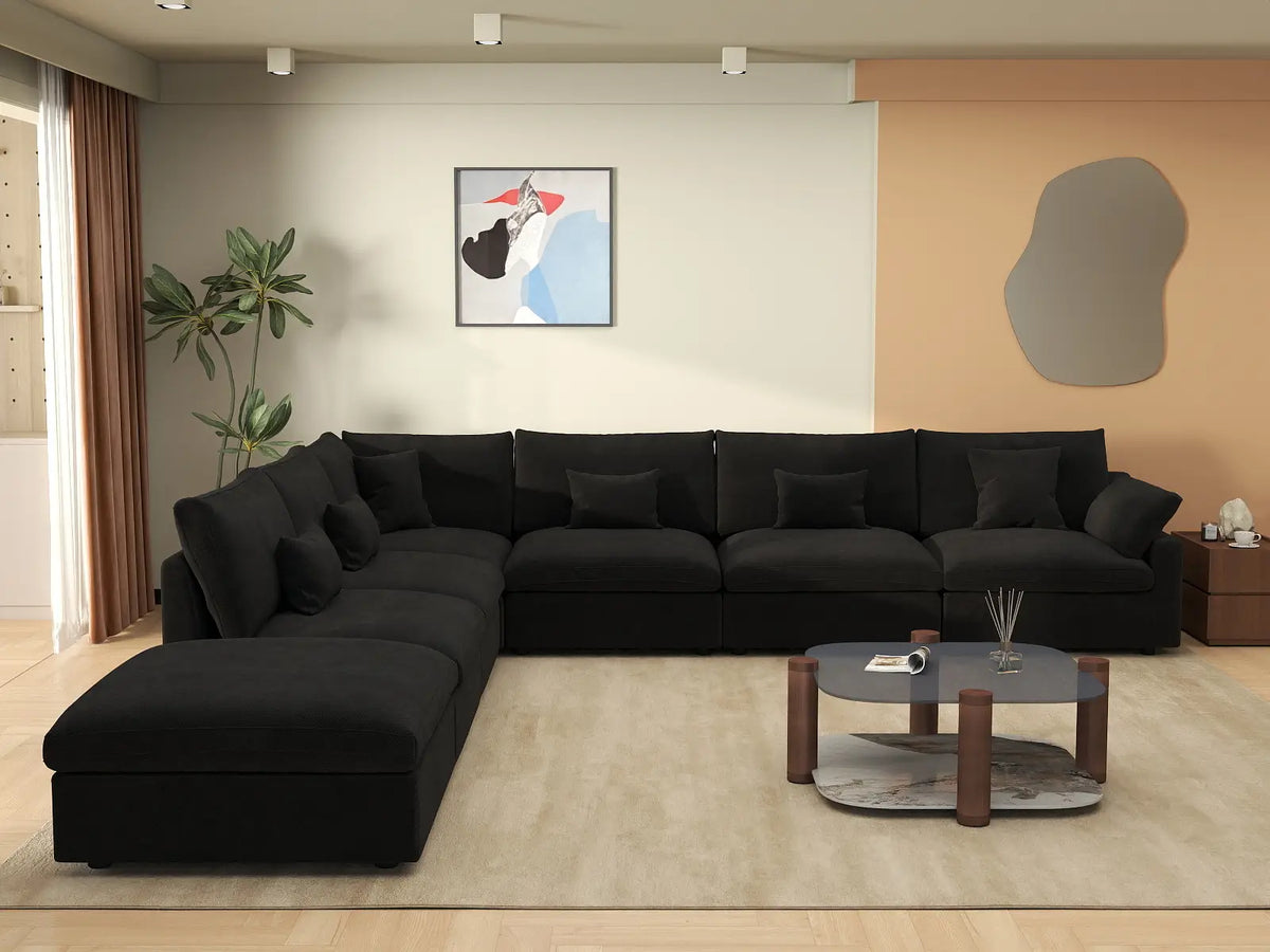 Deluxe Slope Cloud Sectional Sofa Covers | Black Chenille and Linen Sofa Cover for 6-Seater with 1-Ottoman — product view 3