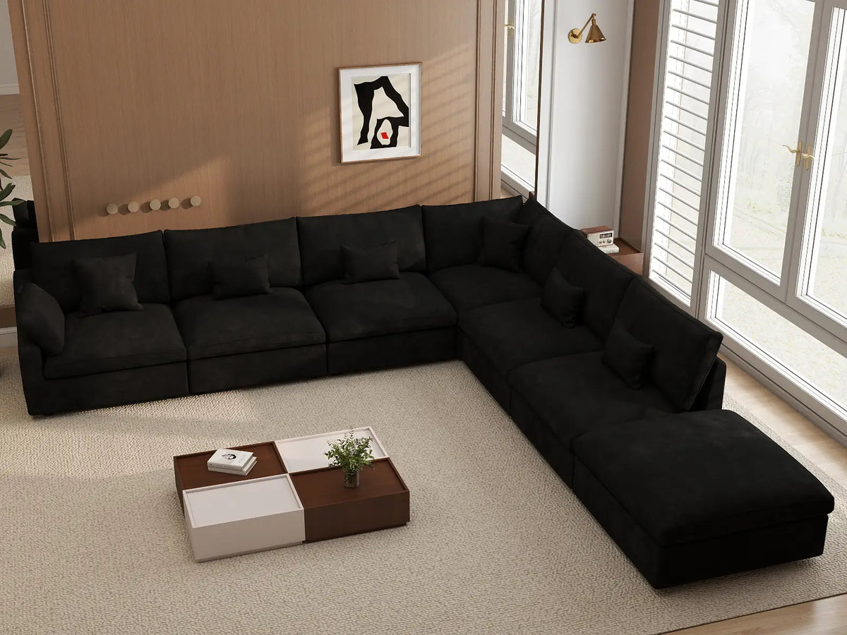 Deluxe Slope Cloud Sectional Sofa Covers | Black Chenille and Linen Sofa Cover for 6-Seater with 1-Ottoman — product view 4