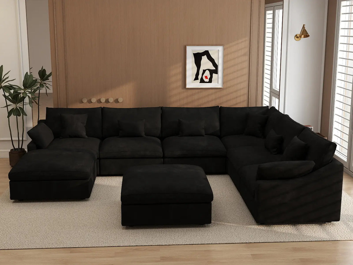 Deluxe Slope Cloud Sectional Sofa Covers | Black Chenille and Linen Sofa Cover for 6-Seater with 2-Ottomans — product view 3