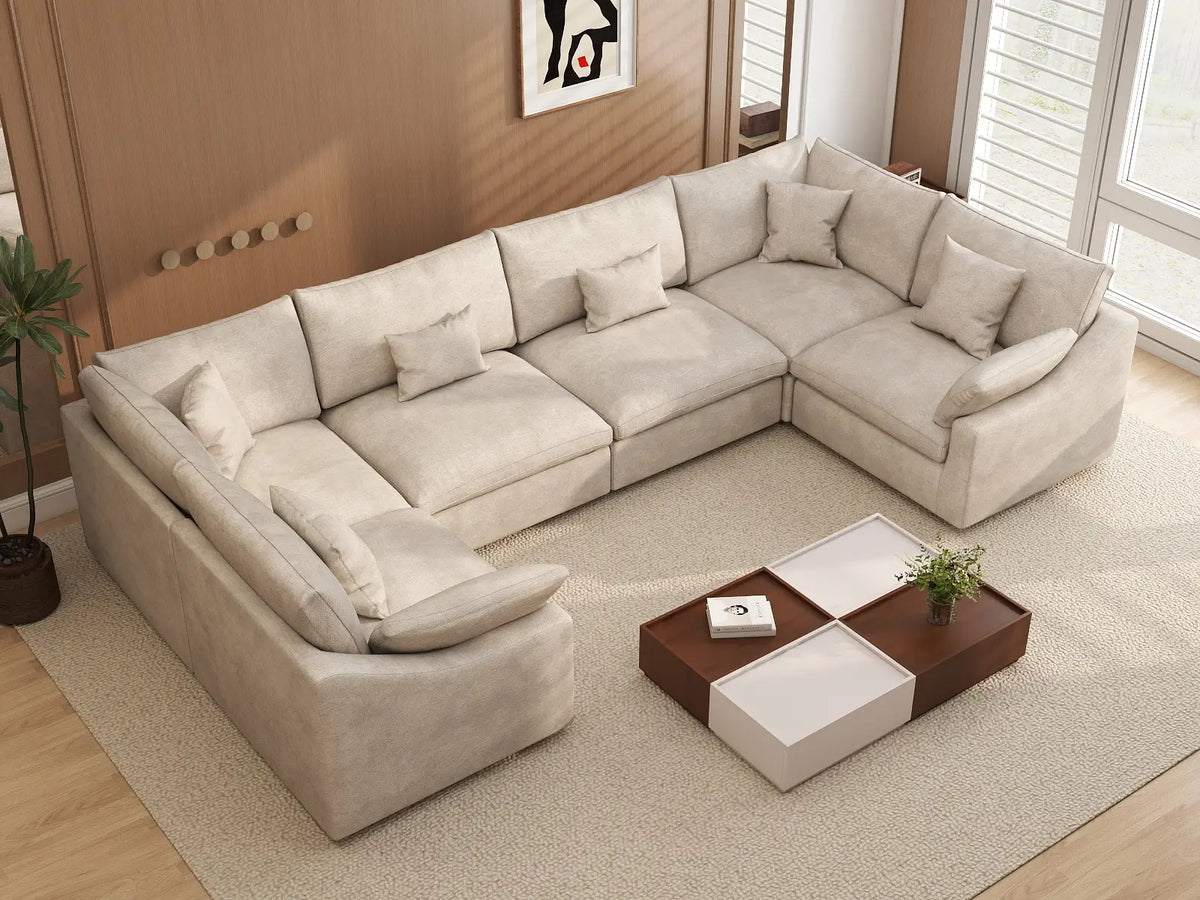 Deluxe Slope Cloud Sectional Sofa Covers | Khaki Chenille and Linen Sofa Cover for 6-Seater — product view 3