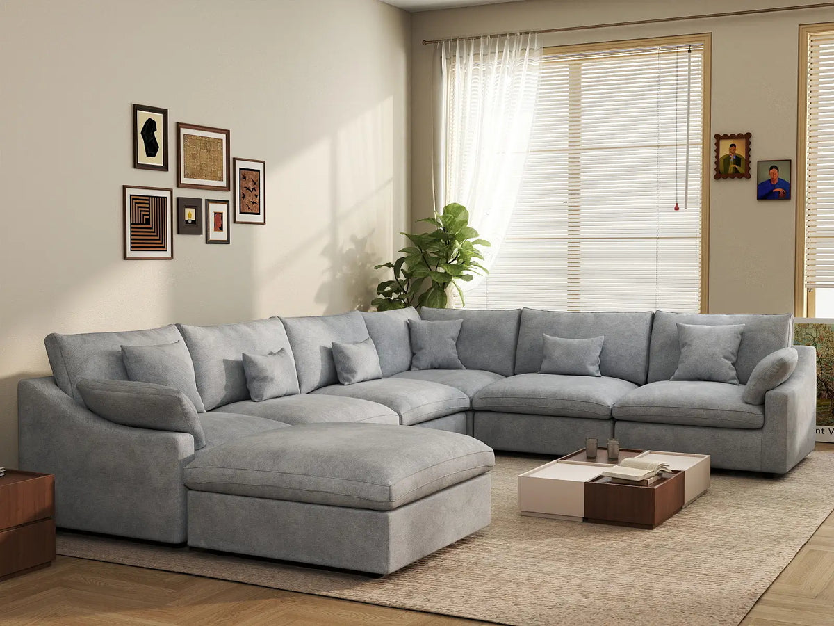 Deluxe Slope Cloud Sectional Sofa Covers | Light Grey Chenille and Linen Sofa Cover for 6-Seater with 1-Ottoman — product view 4
