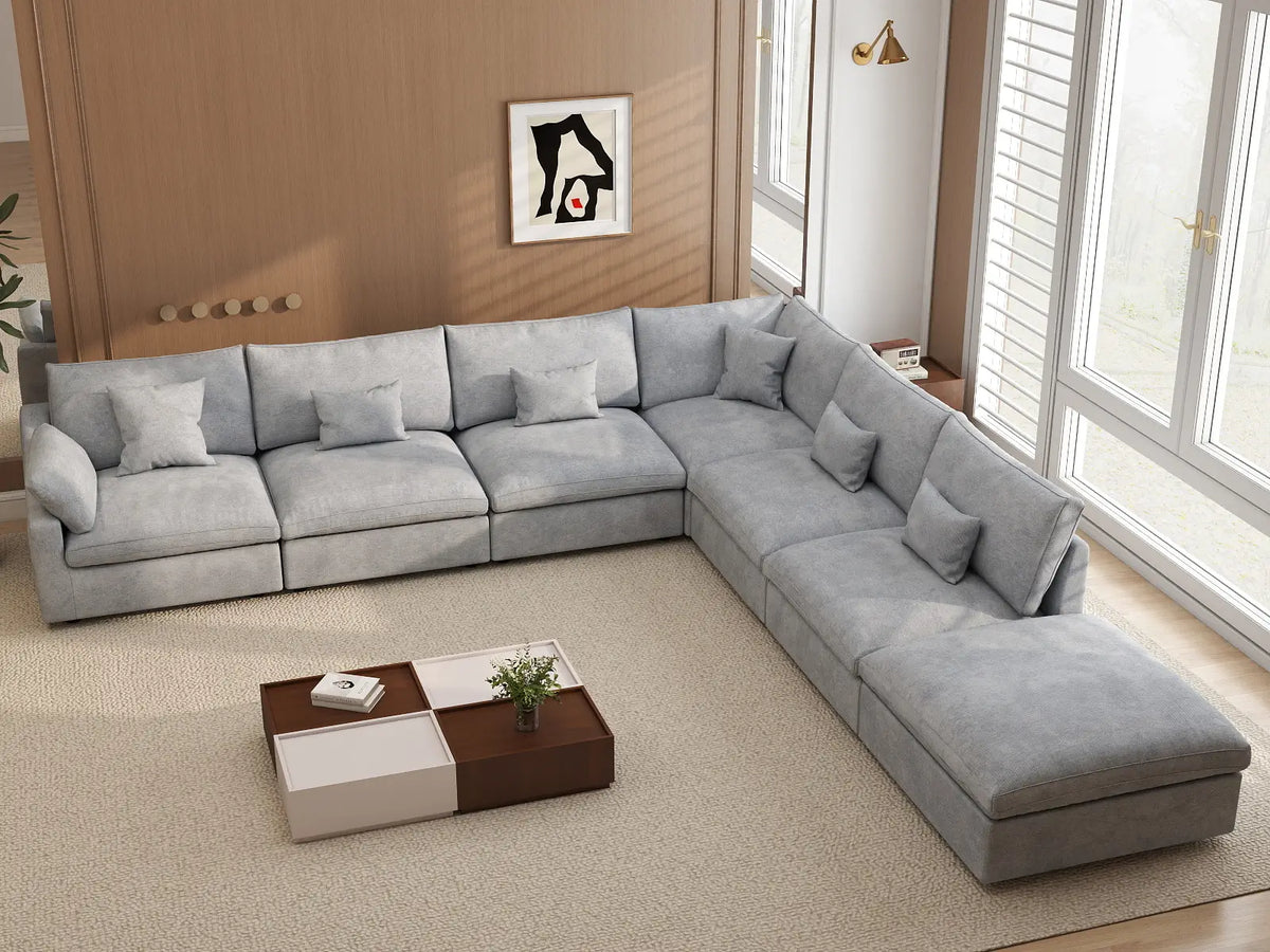 Deluxe Slope Cloud Sectional Sofa Covers | Light Grey Chenille and Linen Sofa Cover for 6-Seater with 1-Ottoman — product view 3