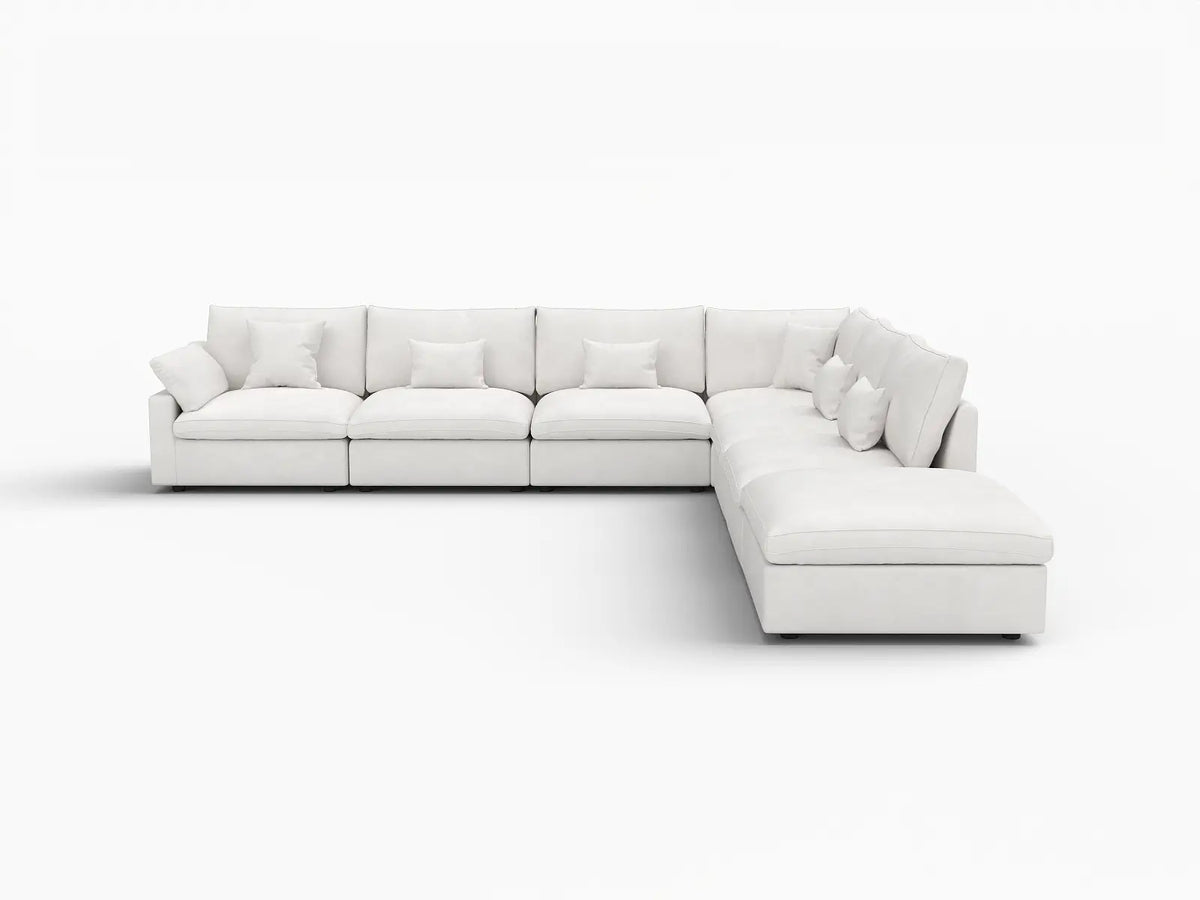 Deluxe Slope Cloud Sectional Sofa Covers | White Chenille and Linen Sofa Cover for 6-Seater with 1-Ottoman — product view 1