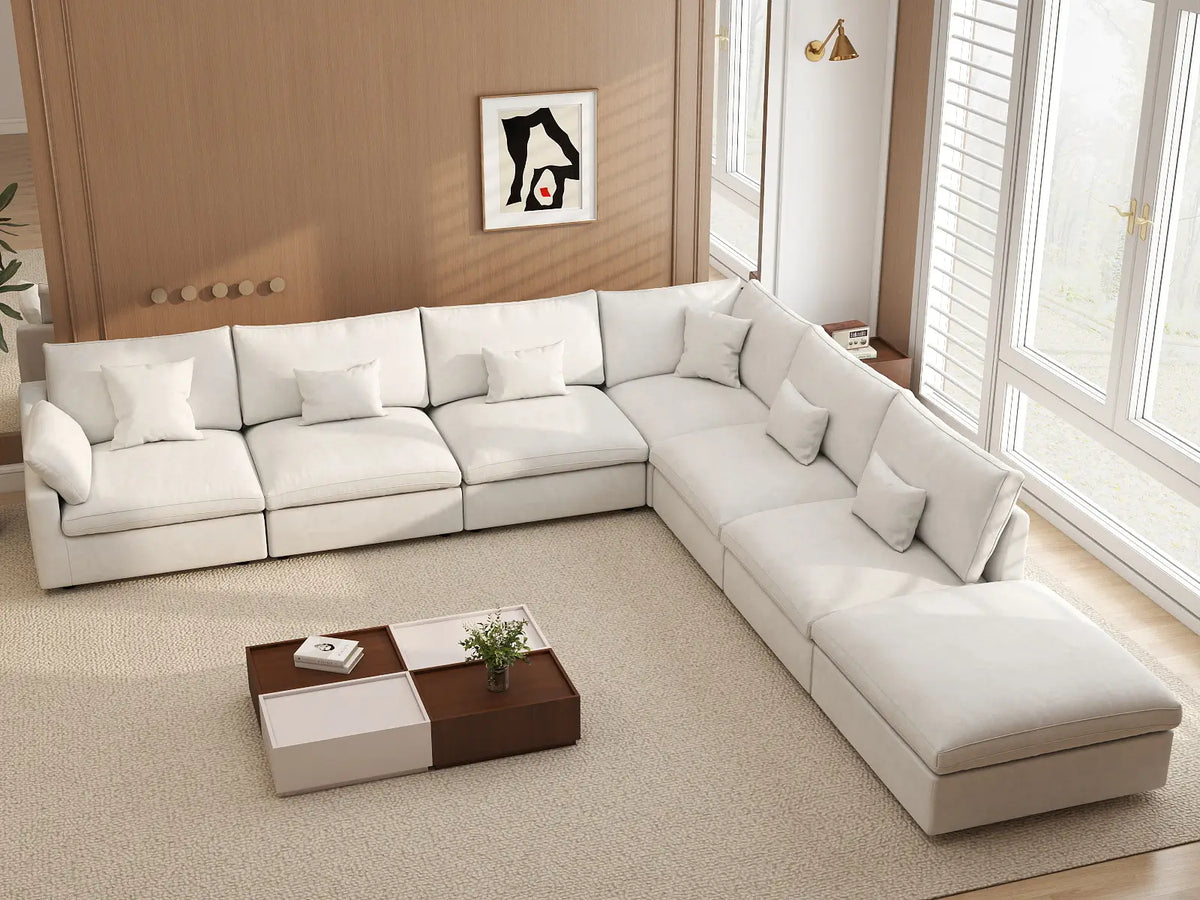 Deluxe Slope Cloud Sectional Sofa Covers | White Chenille and Linen Sofa Cover for 6-Seater with 1-Ottoman — product view 4