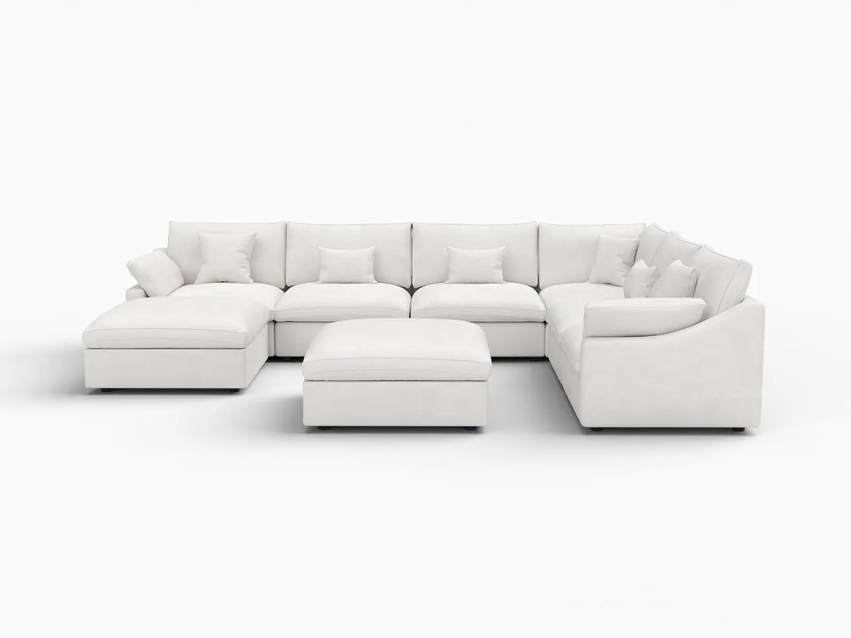 Deluxe Slope Cloud Sectional Sofa Covers | White Chenille and Linen Sofa Cover for 6-Seater with 2-Ottomans — product view 1