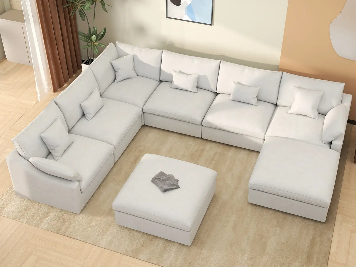 Deluxe Slope Cloud Sectional Sofa Covers | White Chenille and Linen Sofa Cover for 6-Seater with 2-Ottomans — product view 3