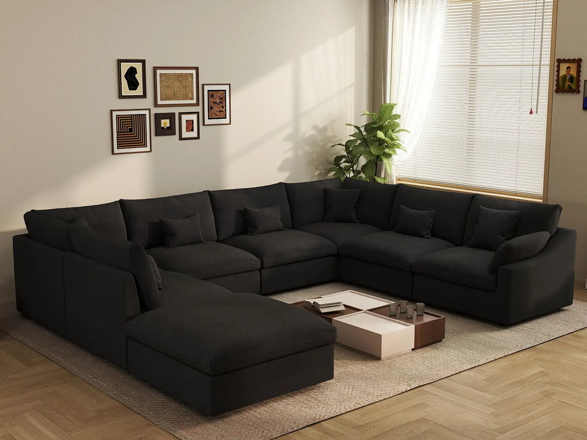Deluxe Slope Cloud Sectional Sofa Covers | Black Chenille and Linen Sofa Cover for 7-Seater with 1-Ottoman — product view 4