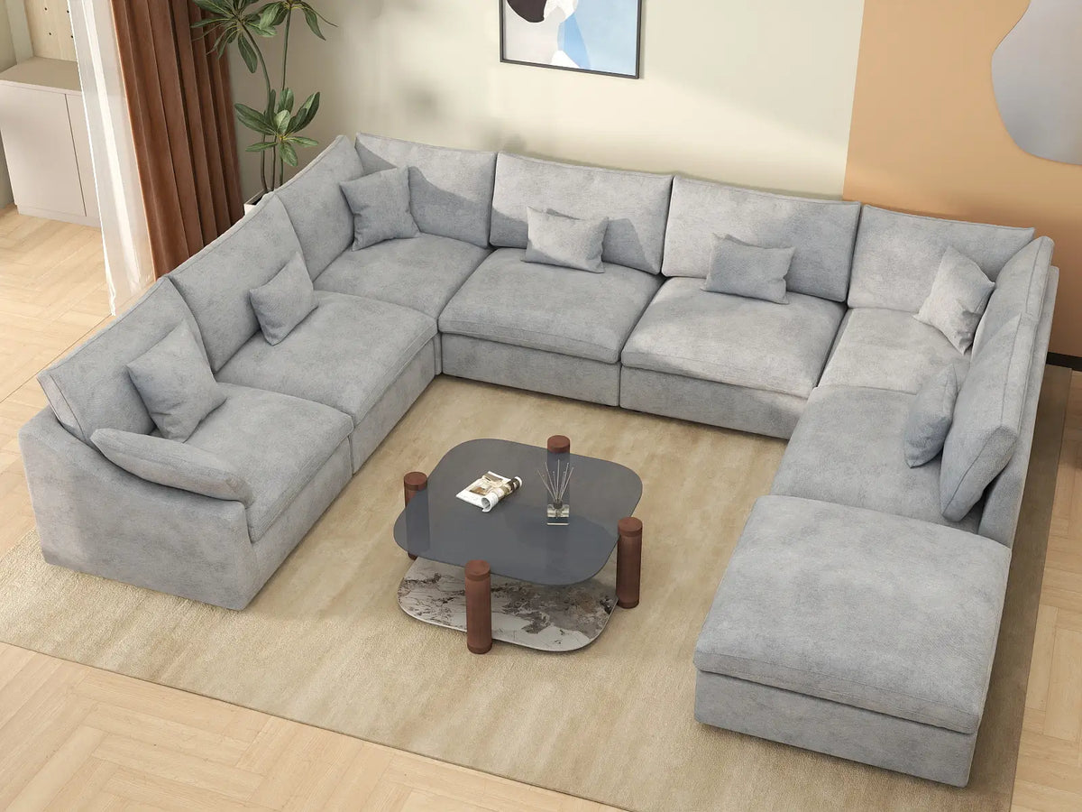 Deluxe Slope Cloud Sectional Sofa Covers | Light Grey Chenille and Linen Sofa Cover for 7-Seater with 1-Ottoman — product view 3