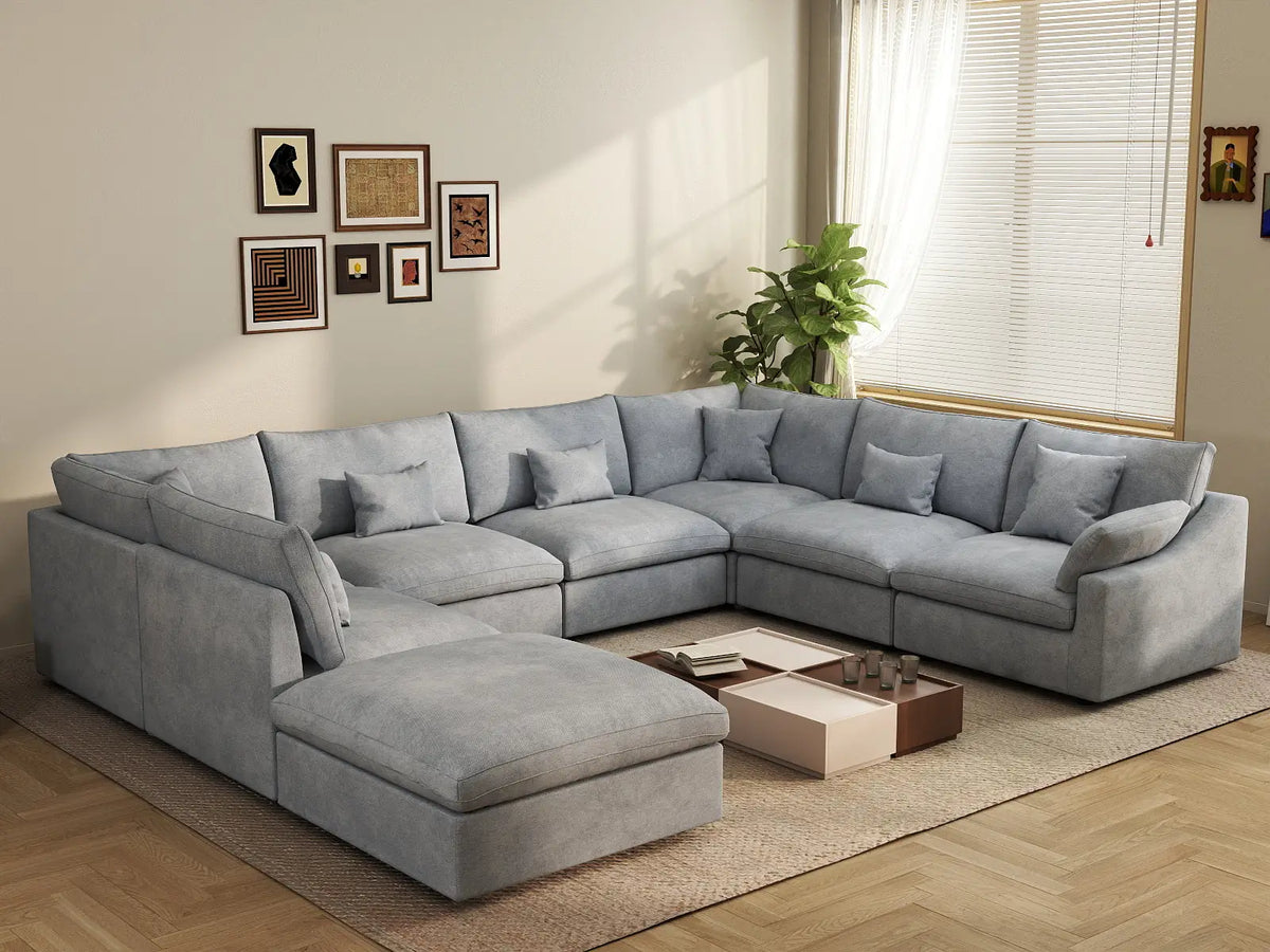 Deluxe Slope Cloud Sectional Sofa Covers | Light Grey Chenille and Linen Sofa Cover for 7-Seater with 1-Ottoman — product view 4