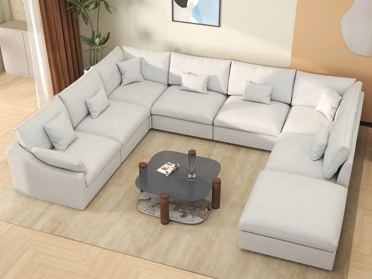 Deluxe Slope Cloud Sectional Sofa Covers | White Chenille and Linen Sofa Cover for 7-Seater with 1-Ottoman — product view 3
