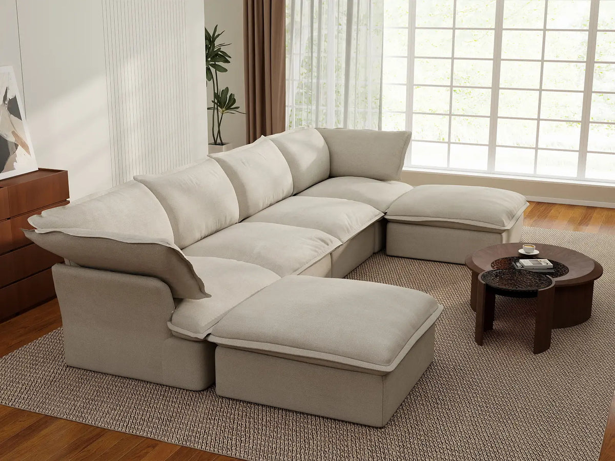 Deluxe Linen Cloud Sectional Sofas Covers | Beige Cotton and Linen Sofa Cover for 5-Seater — product view 4