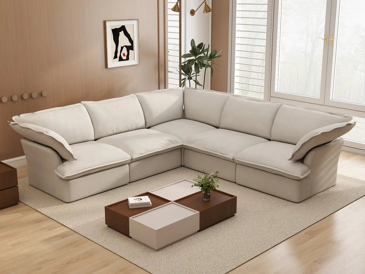 Deluxe Linen Cloud Sectional Sofas Covers | Beige Cotton and Linen Sofa Cover for 5-Seater — product view 4