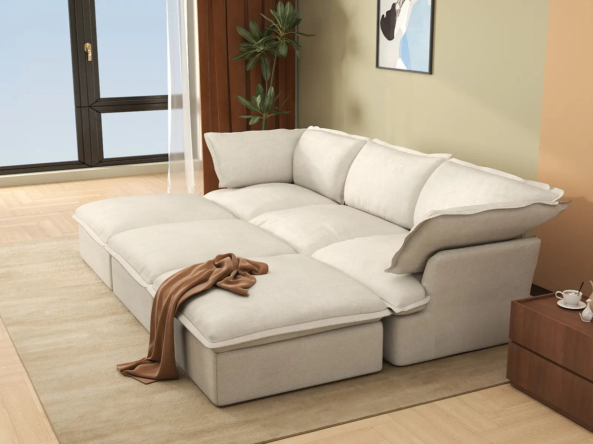 Deluxe Linen Cloud Sectional Sofas Covers | Beige Linen and Cotton Sofa Cover for 3-Seater with 3-Ottoman — product view 4