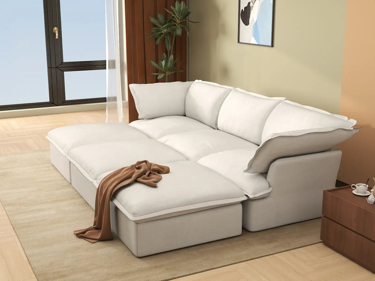 Deluxe Linen Cloud Sectional Sofas Covers | White Linen and Cotton Sofa Cover for 3-Seater with 3-Ottoman — product view 3