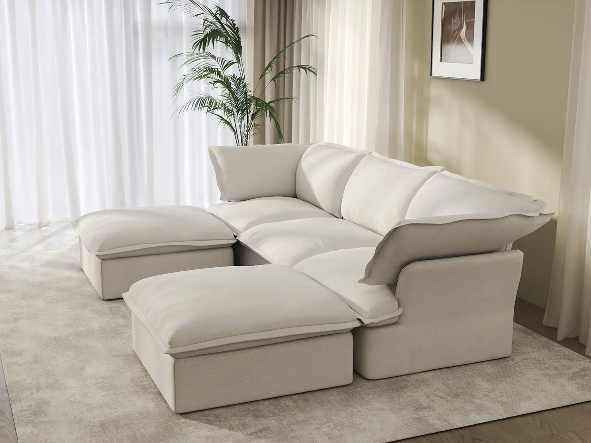 Deluxe Linen Cloud Sectional Sofas Covers | White Linen and Cotton Sofa Cover for 3-Seater with 2-Ottoman — product view 4