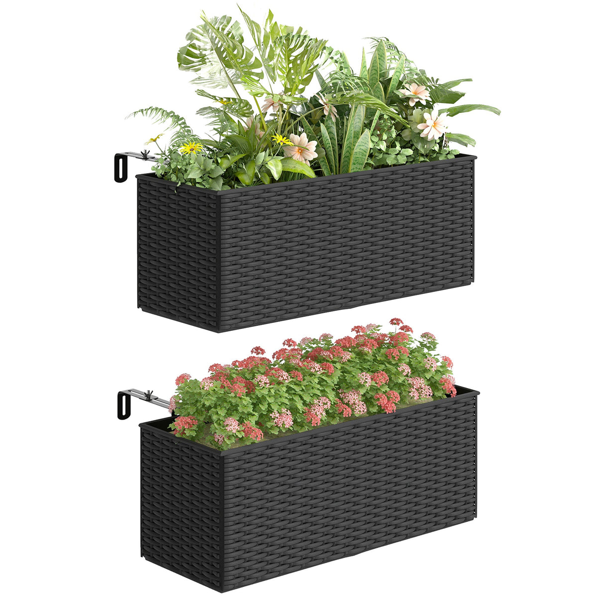 2 Pack 20" Railing Planter Boxes with Hooks and Drainage, Black — product view 1