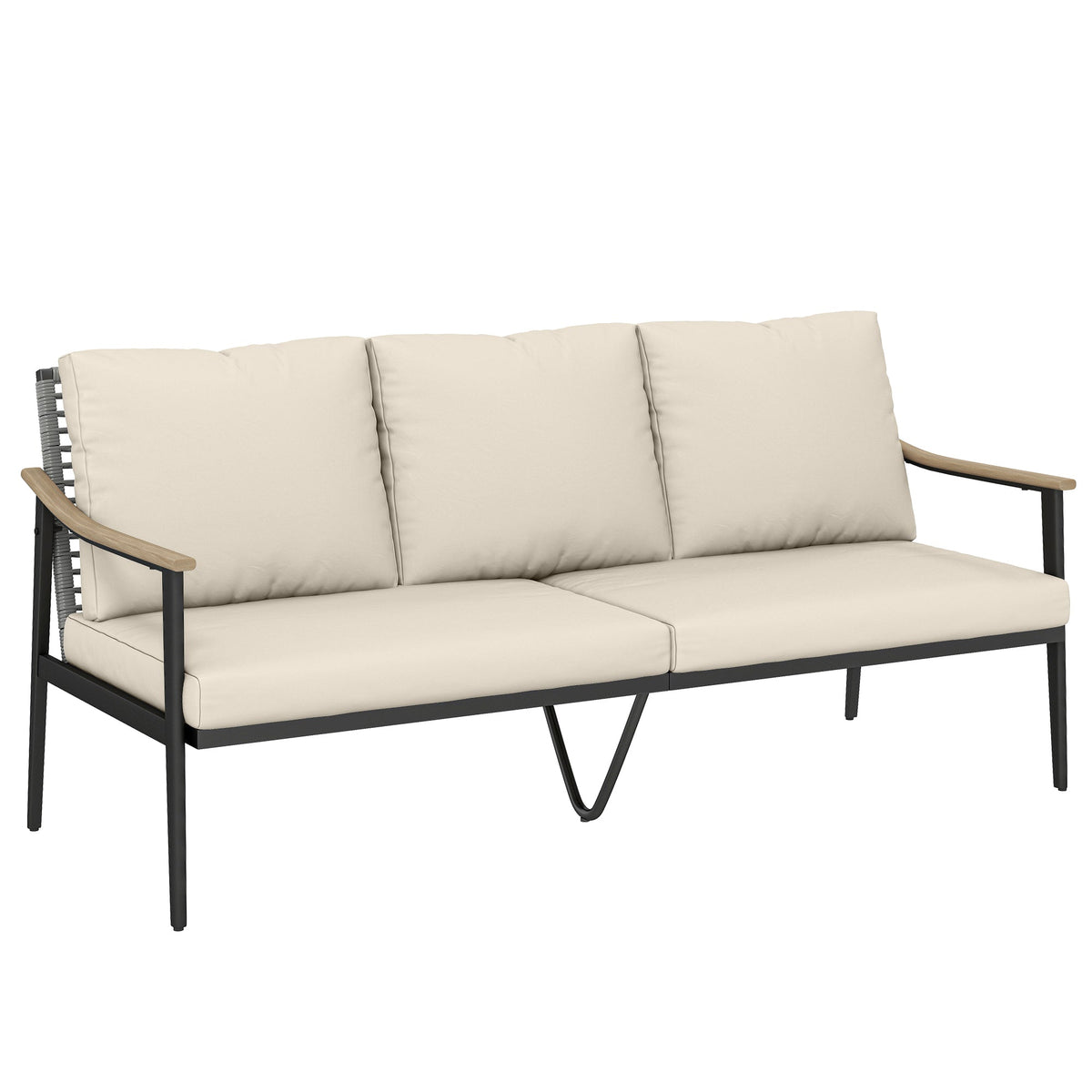3 Seater Rattan Sofa with Wood-Effect Armrests, Khaki — product view 1