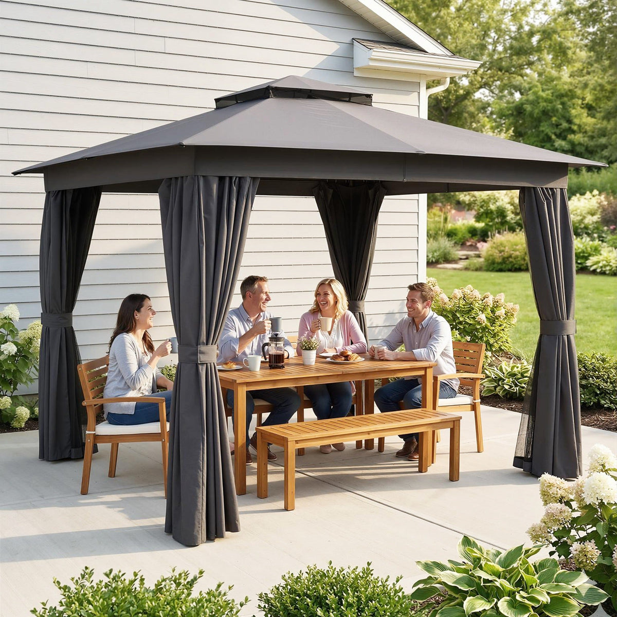 10' x 10' Soft Top Gazebo Canopy Shelter with Double Roof, UPF30+ Protection for Lawn, Backyard, Deck, Dark Gray — product view 4