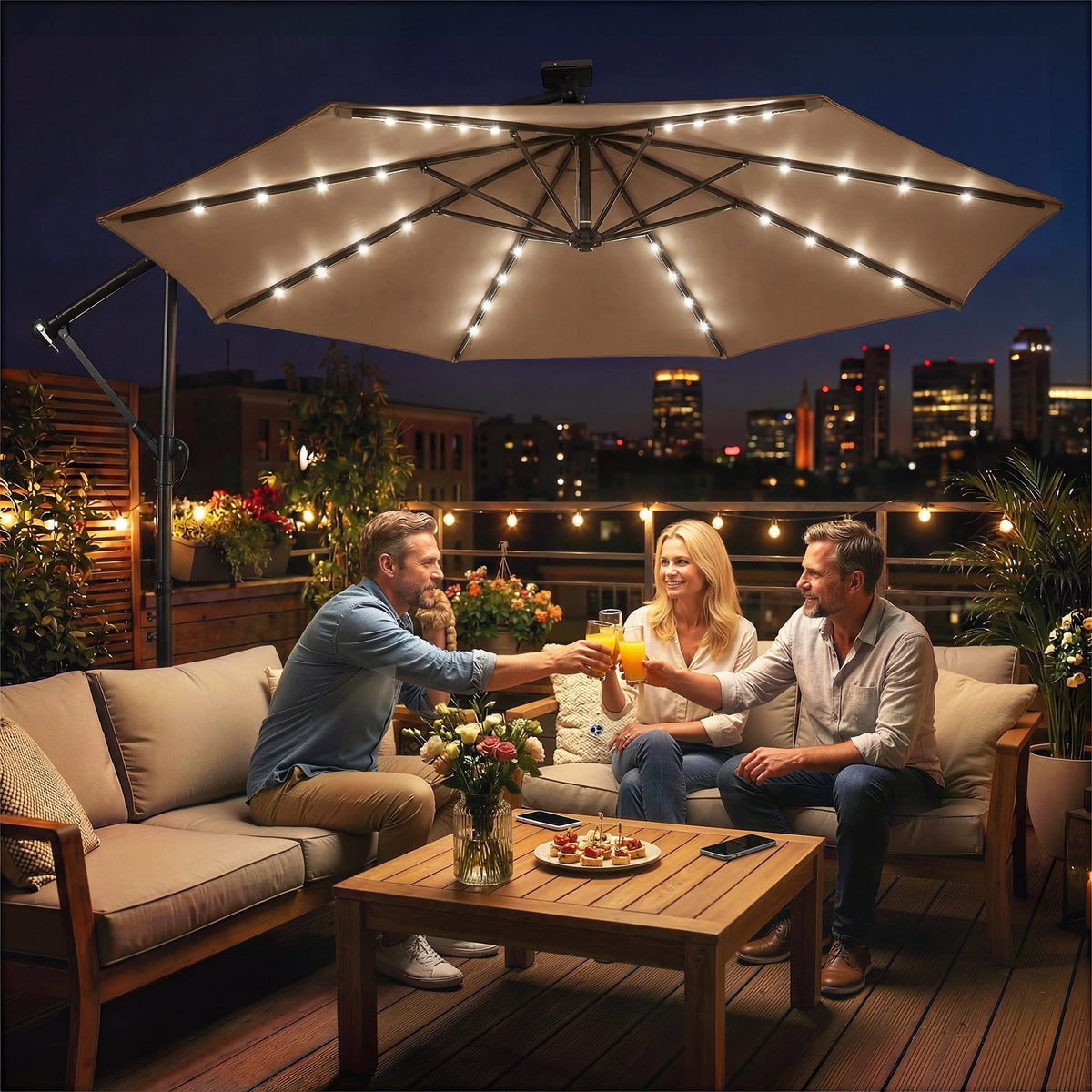 9.7 ft Cantilever Patio Umbrella with Solar LED Light and Cover, Khaki — product view 3
