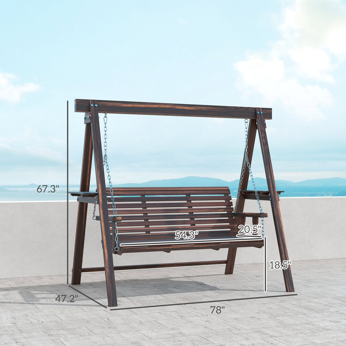 3-Seat Wooden Porch Swing with Stand & Side Tables, Carbonized Brown — product view 5