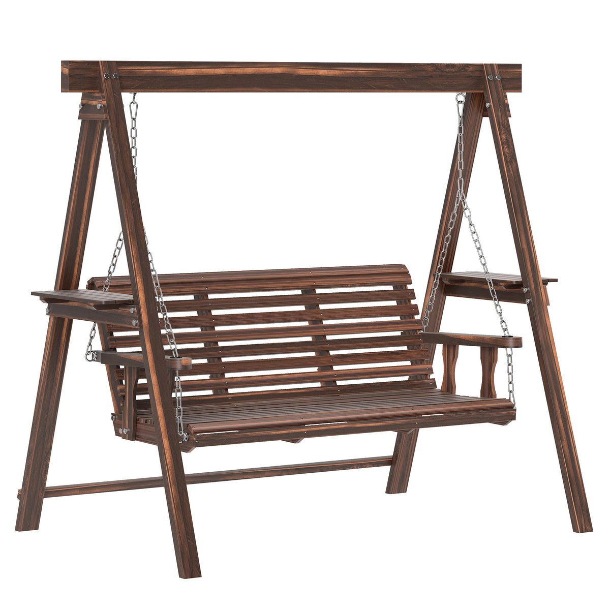 3-Seat Wooden Porch Swing with Stand & Side Tables, Carbonized Brown — product view 2