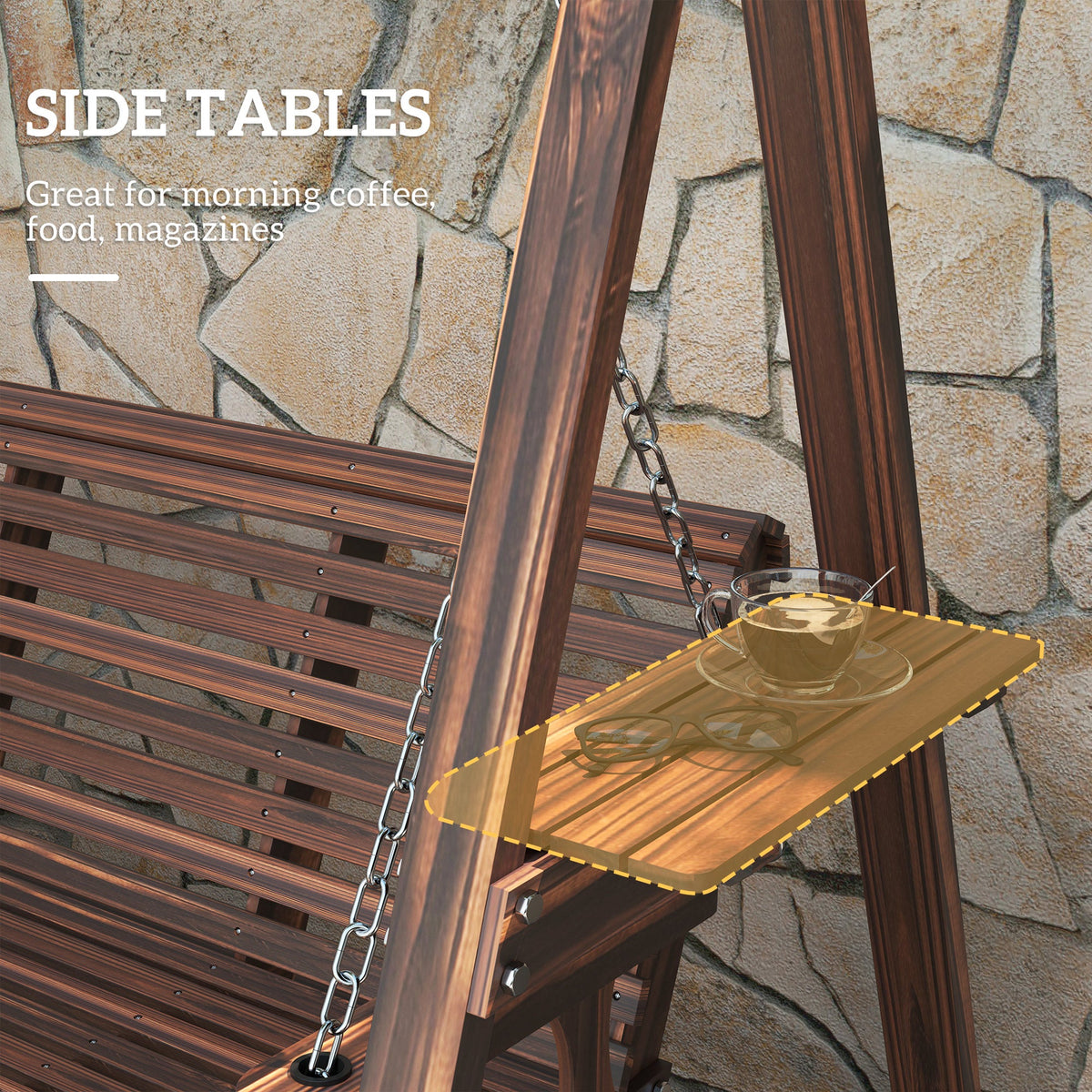 3-Seat Wooden Porch Swing with Stand & Side Tables, Carbonized Brown — product view 7