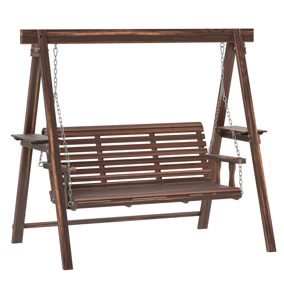 3-Seat Wooden Porch Swing with Stand & Side Tables, Carbonized Brown — product view 1