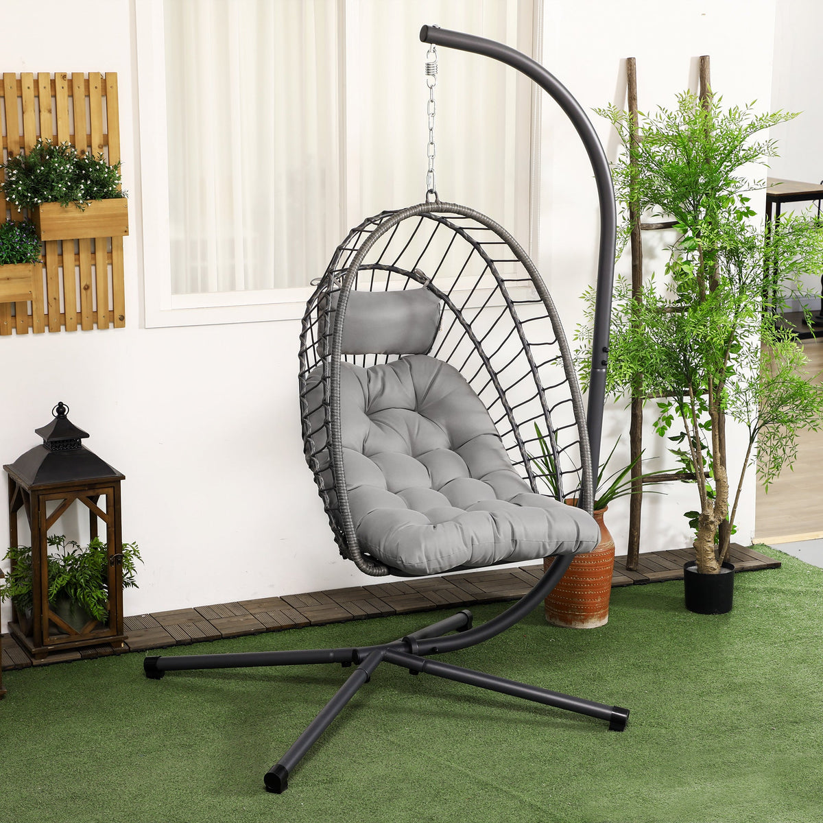 Rattan Hanging Egg Chair with Metal Stand, Foldable Basket & Cushion, Light Grey — product view 3