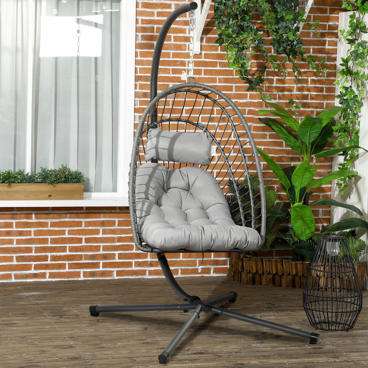 Rattan Hanging Egg Chair with Metal Stand, Foldable Basket & Cushion, Light Grey — product view 4