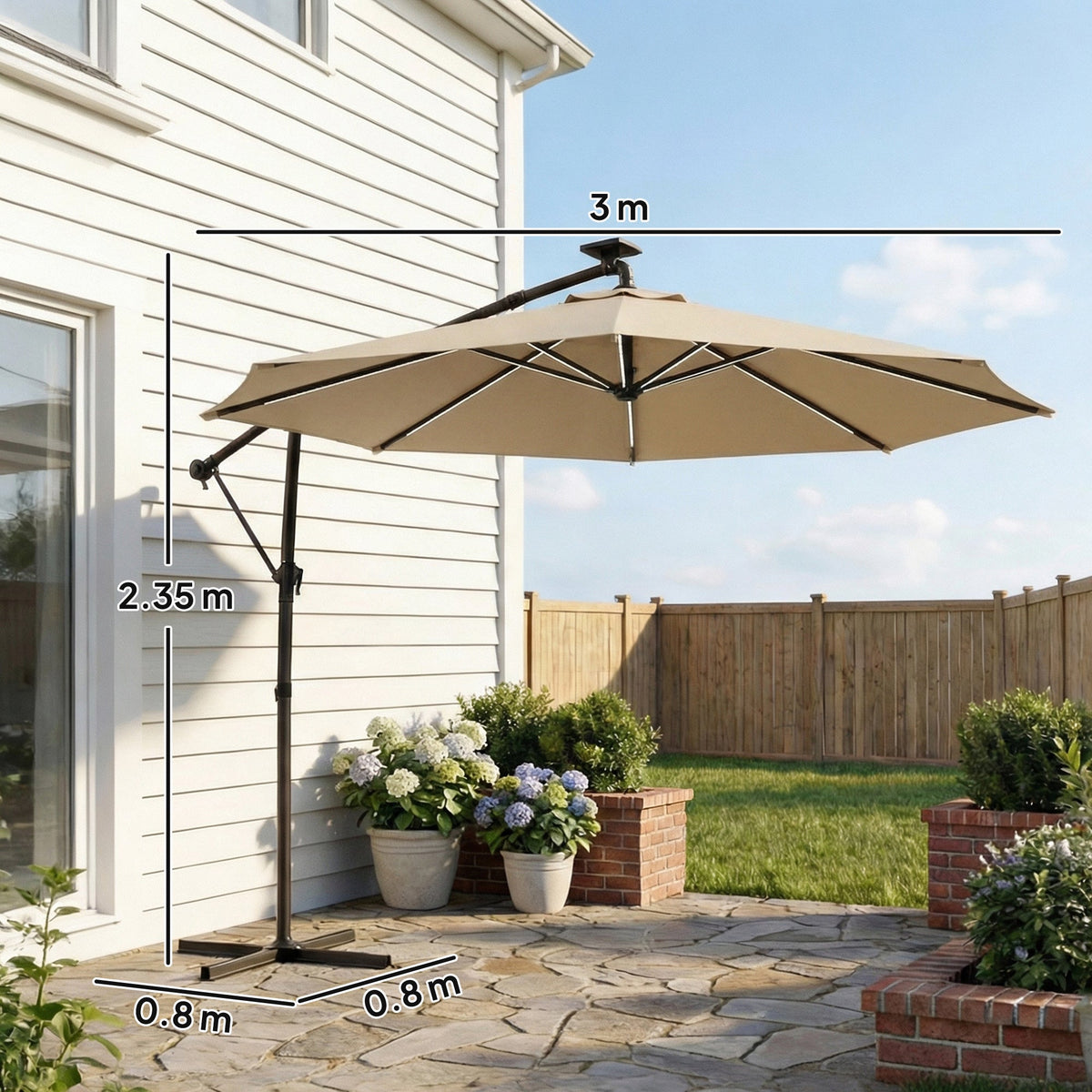 3 m Cantilever Parasol with Solar LED Light, Cover & 360° Rotation, Khaki — product view 5