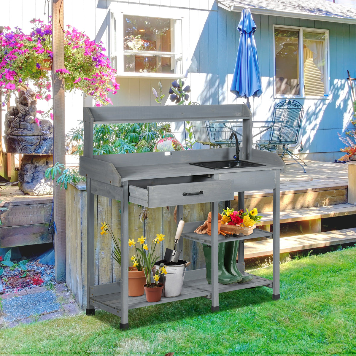 Potting Bench Table with Drawer, Removable Sink, Shelves and Hooks — product view 4