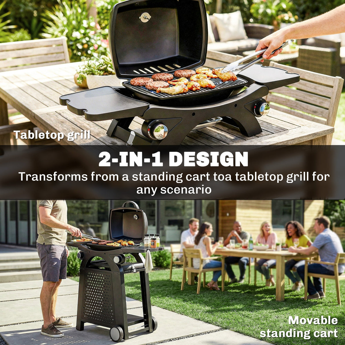 2 Burner Gas Grill with Wheels, Side Tables and Cast Iron Grates, Black — product view 6