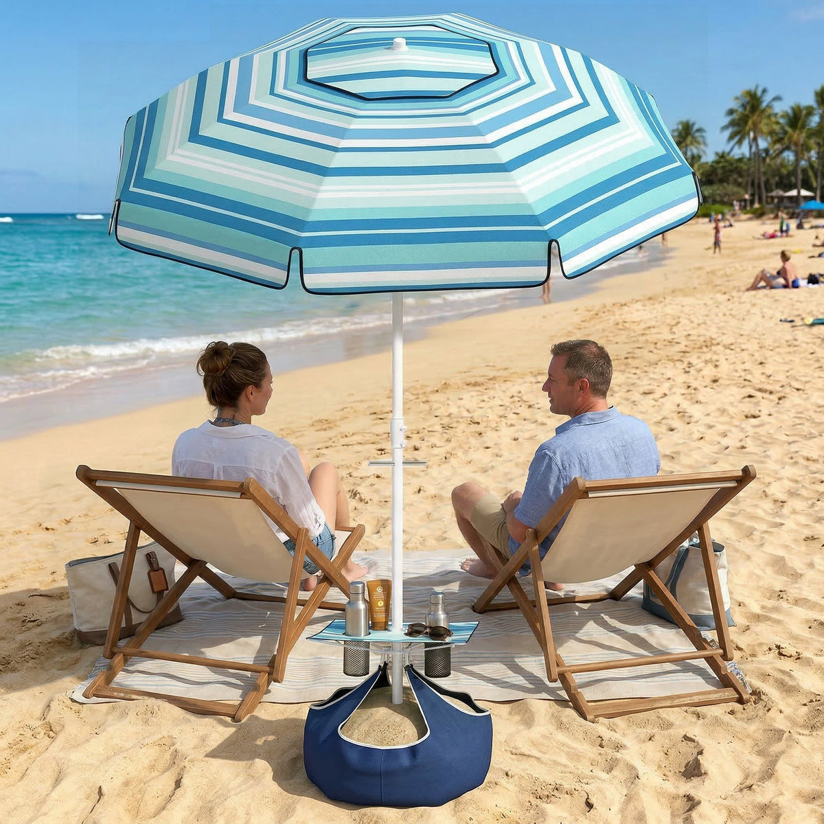 6 ft Portable Beach Umbrella with Foldable Table and Cup Holders, Dark Blue — product view 4