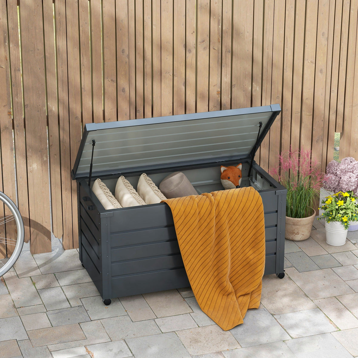 82 Gallon Galvanized Steel Deck Box with Wheels and Handles, Dark Grey — product view 4
