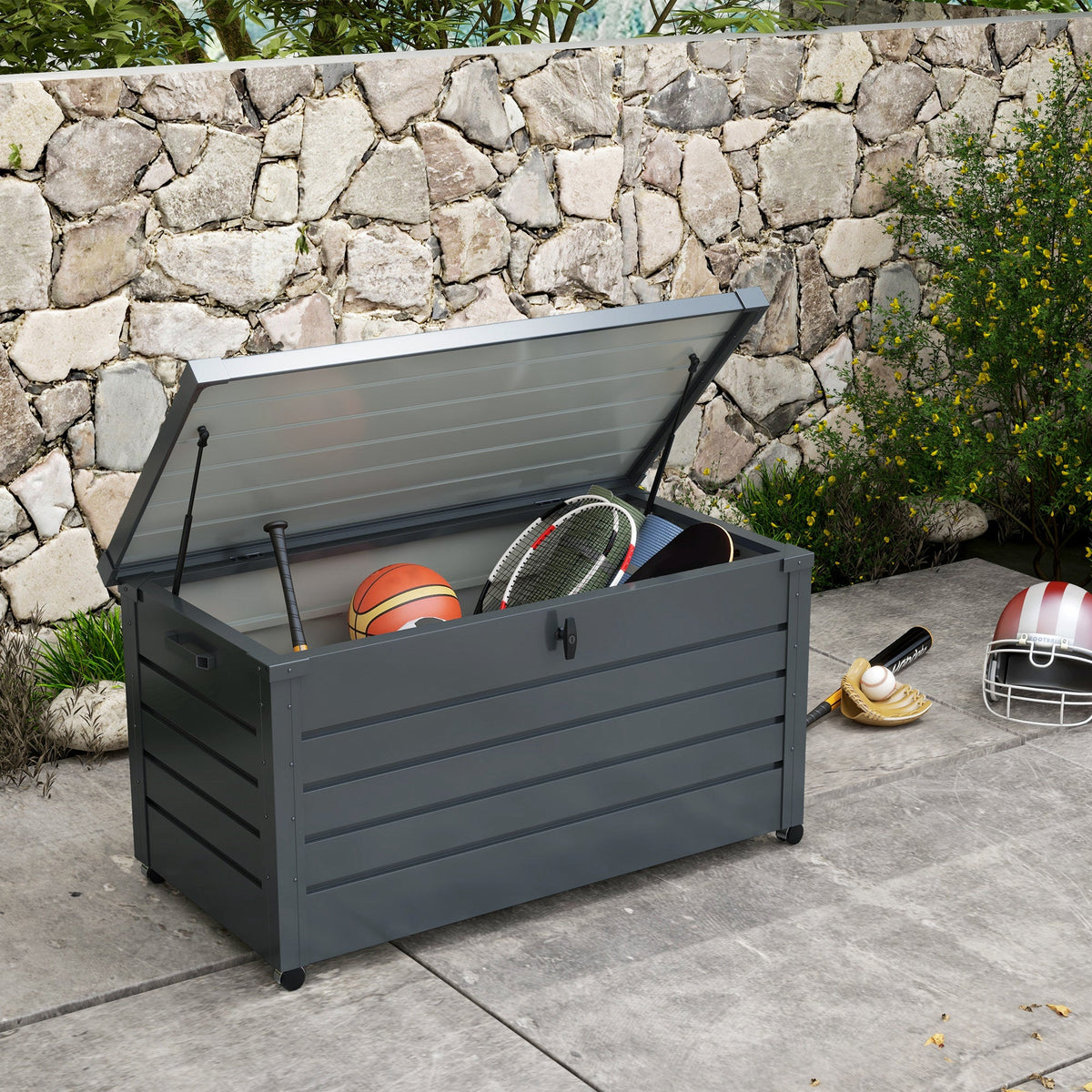 82 Gallon Galvanized Steel Deck Box with Wheels and Handles, Dark Grey — product view 3