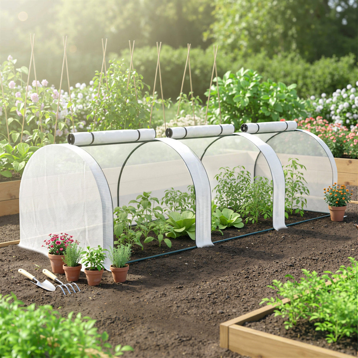Mini Tunnel Greenhouse with Roll-Up Zippered Doors, 10' L x 3' W x 2.5' H White — product view 3