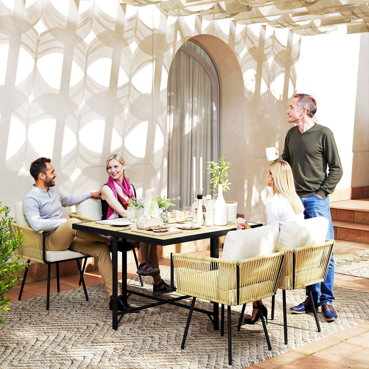 5 Piece Rattan Garden Dining Set with Stackable Chairs, Beige — product view 3
