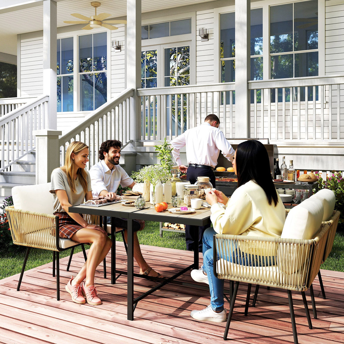 5 Piece Rattan Garden Dining Set with Stackable Chairs, Beige — product view 4
