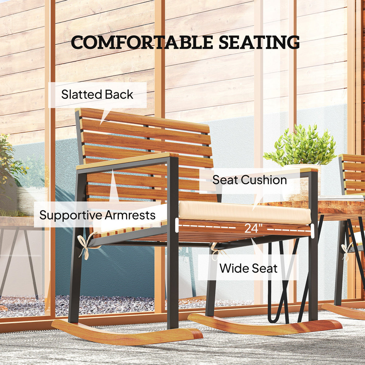 2-Piece Acacia Wood Rocking Chair Set with Cushions, Cream White — product view 7