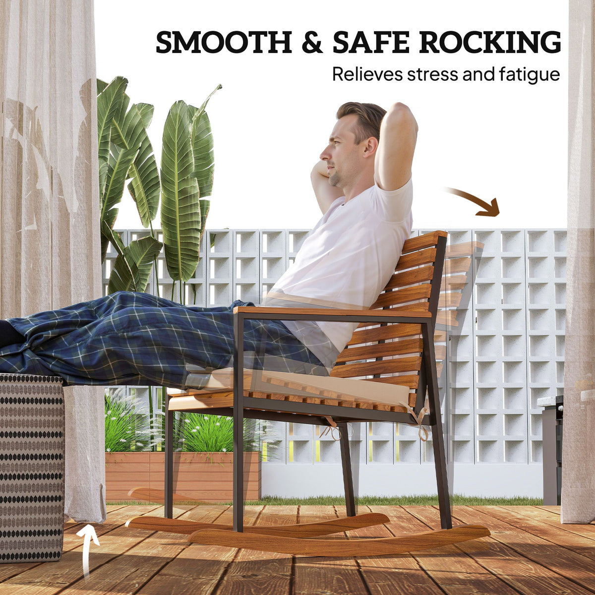 2-Piece Acacia Wood Rocking Chair Set with Cushions, Cream White — product view 6