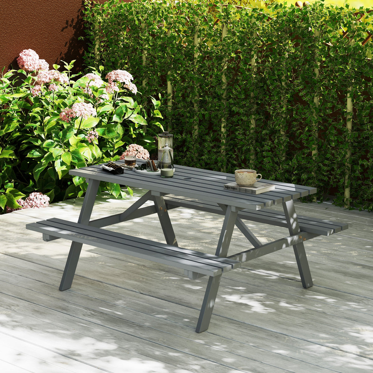 150 cm 6 Seater Wooden Picnic Table Bench with Parasol Hole, Grey — product view 4