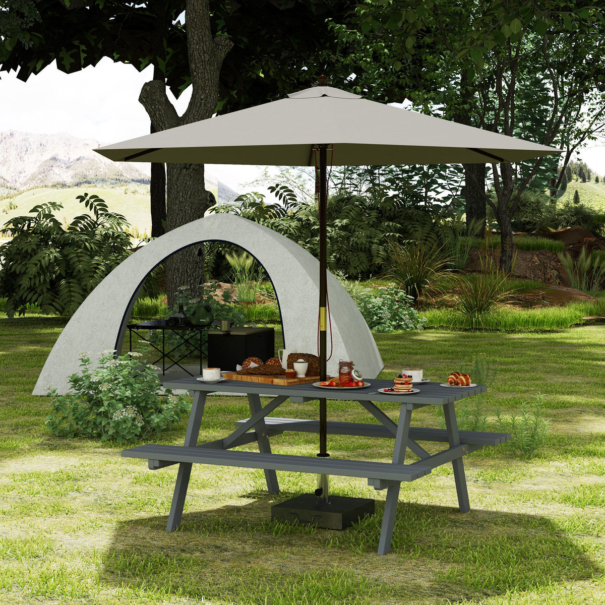 150 cm 6 Seater Wooden Picnic Table Bench with Parasol Hole, Grey — product view 3