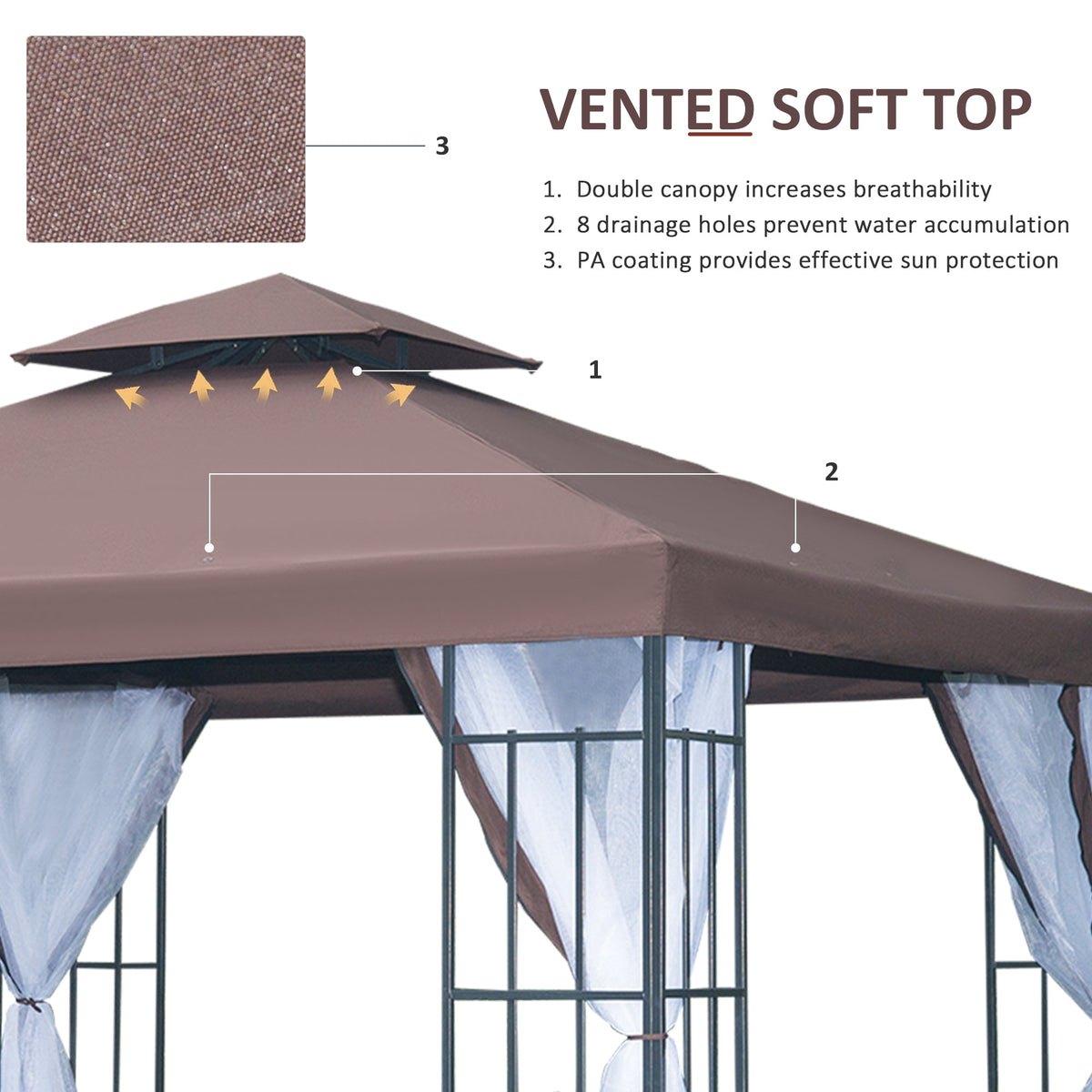 3 x 3m Patio Gazebo with 2 Tier Roof & Mosquito Netting, Coffee — product view 6
