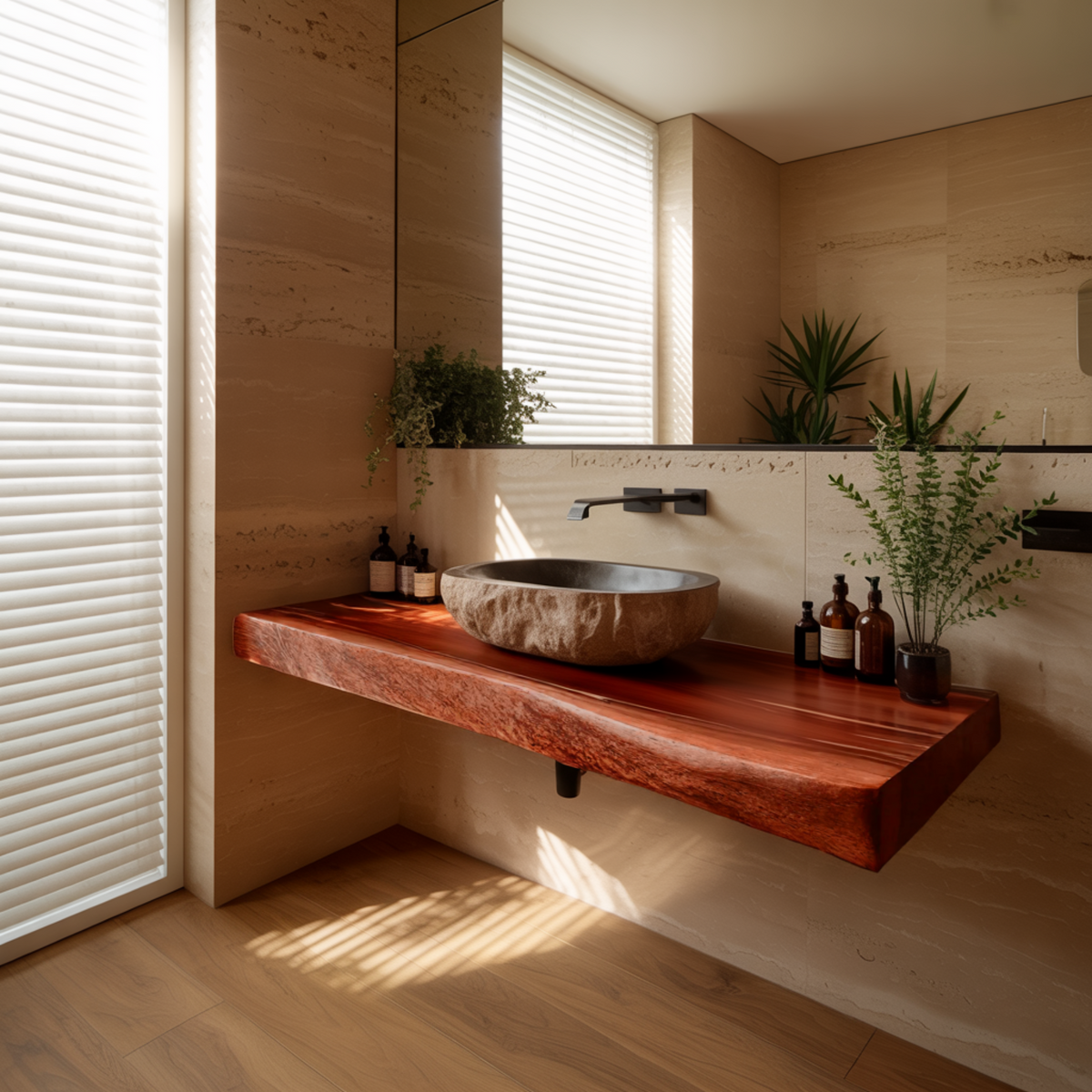 Echra Rustic Handcrafted Solid Wood Floating Bathroom Vanity Slab — product view 3