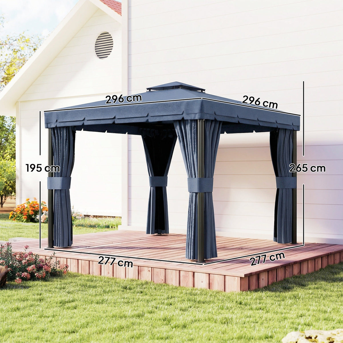 3 x 3 m Patio Gazebo with 2-Tier Roof, Netting & Curtains, Dark Blue — product view 5
