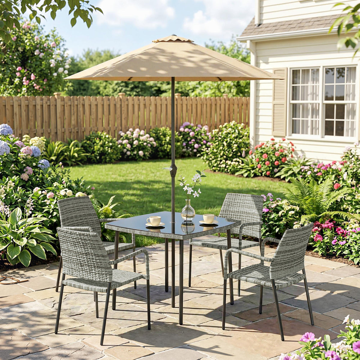 4-Person Rattan Dining Set with Tempered Glass & Tilting Parasol, Light Grey — product view 4